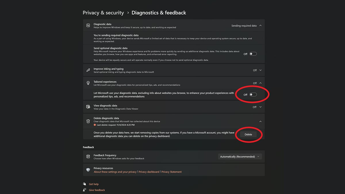 Delete diagnostic data privacy setting