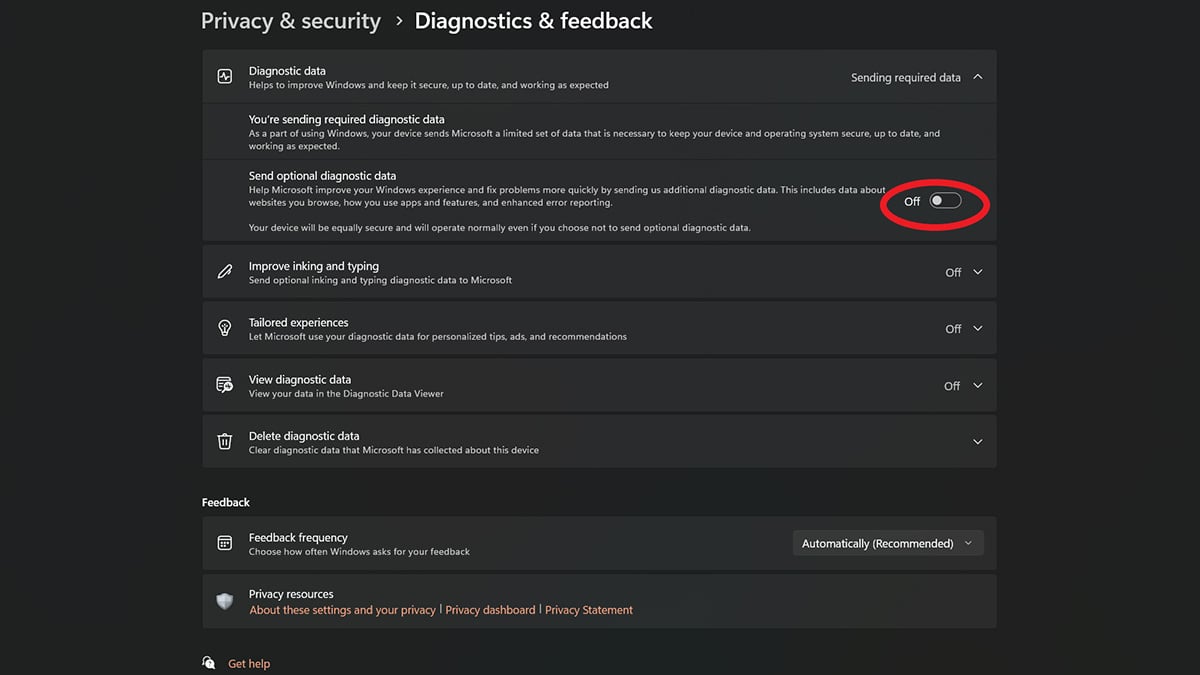 Toggle off optional diagnostic data collection