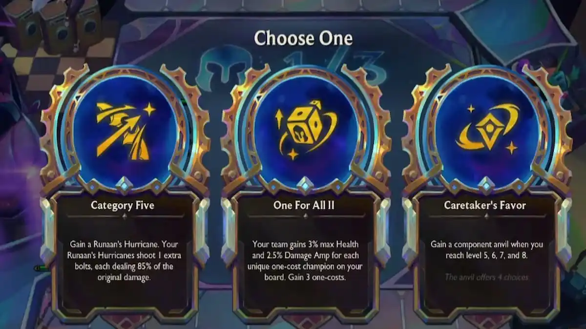 Three TFT augment choices displayed