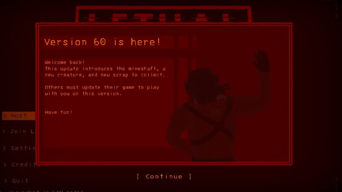 Lethal Company Version 60 update screen