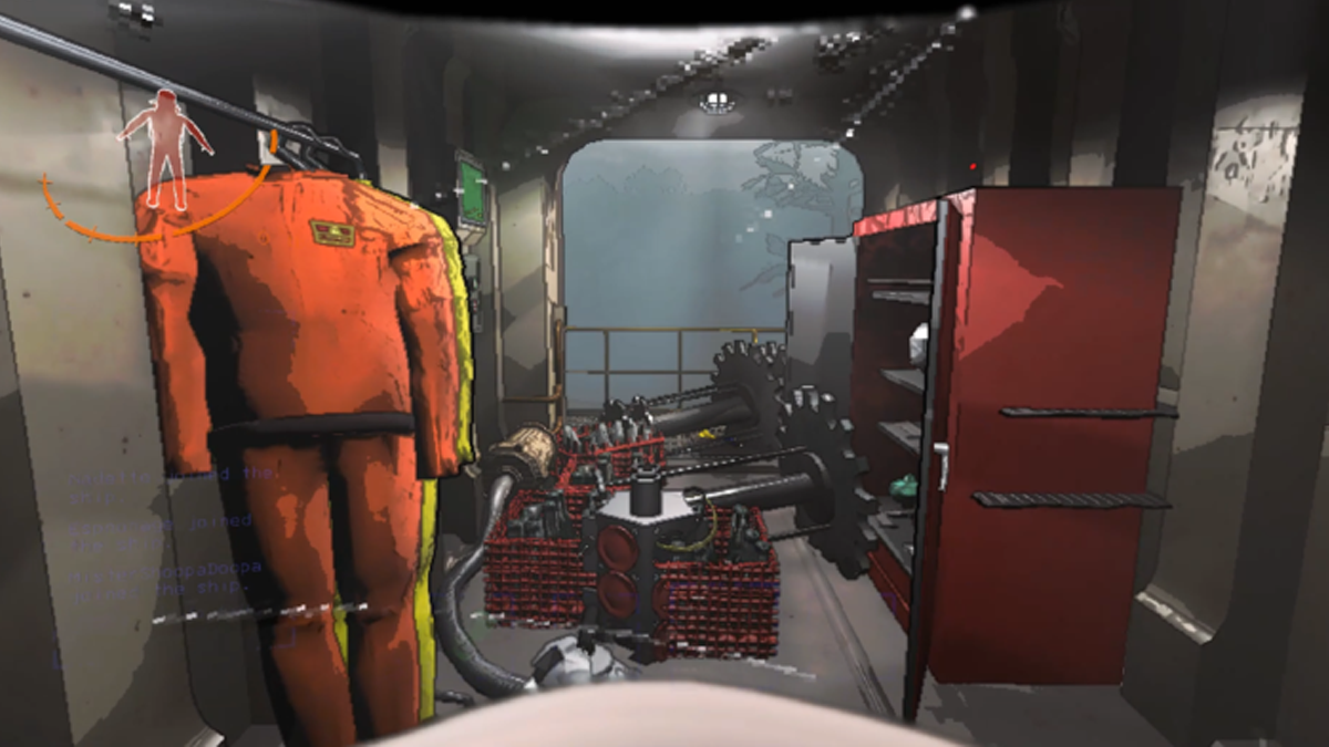 Red jumpsuit in industrial game room