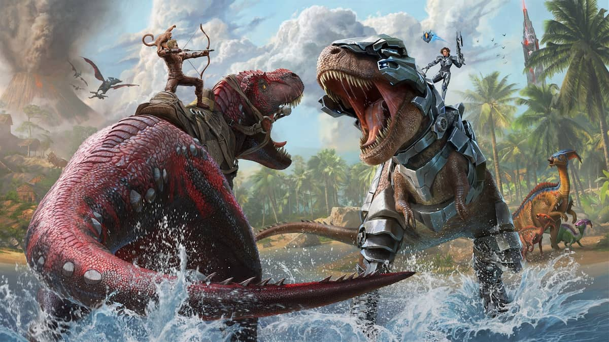 Dinosaur battle scene from Ark game