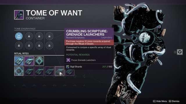 Destiny 2 menu showing Tome focusing